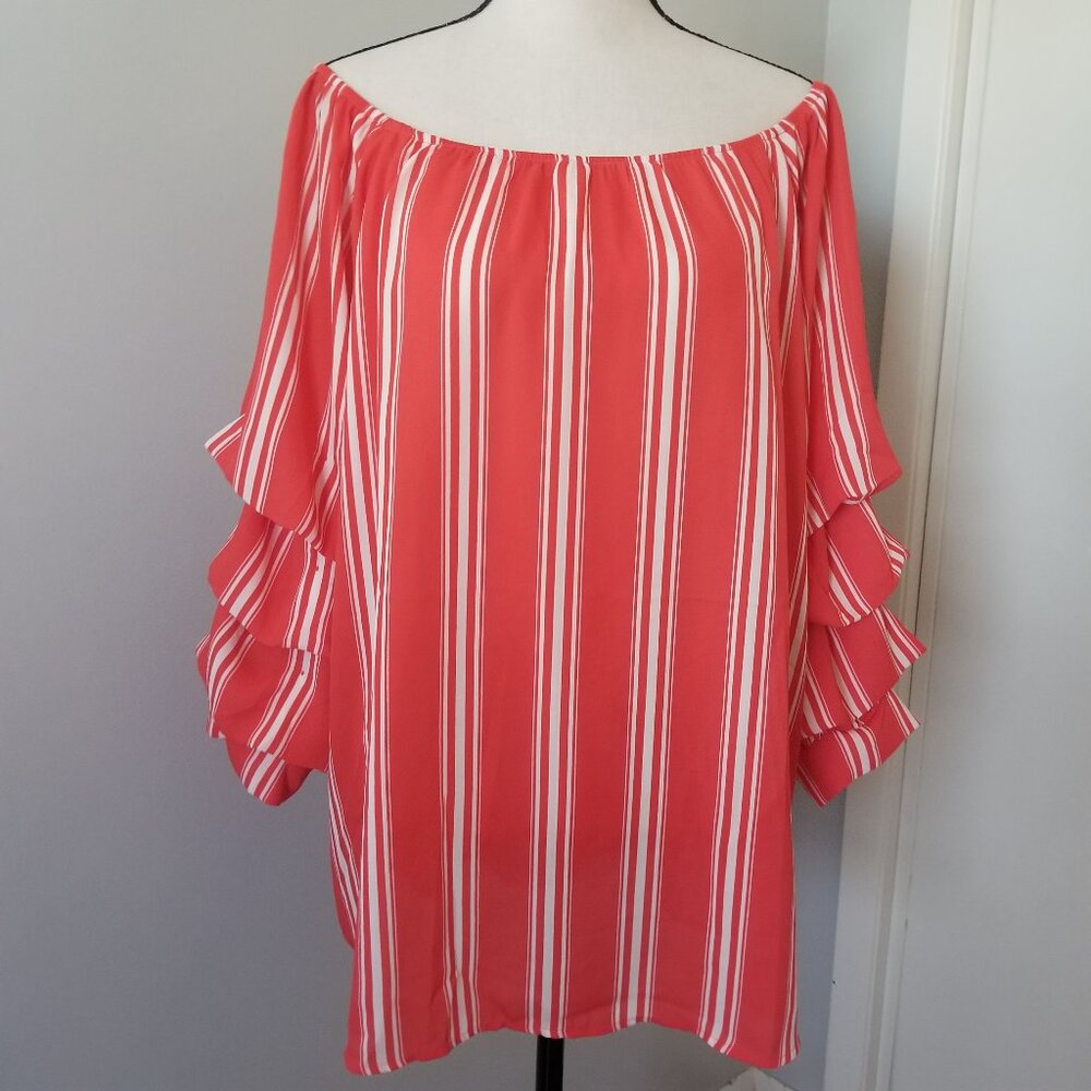 CHERISH sheer candy stripe tunic with ruffle sleeves L